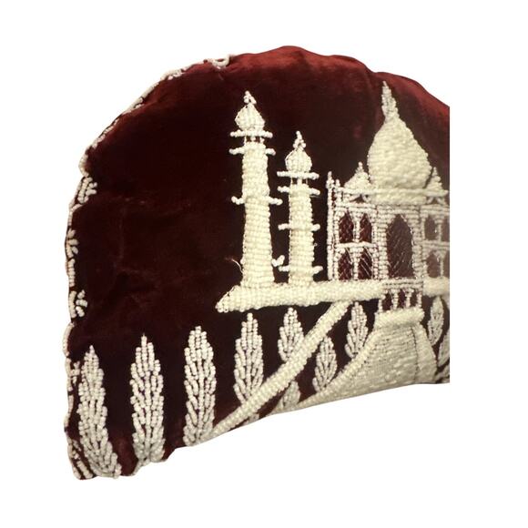 Vintage Handmade Beaded Embroidered Velvet Pillow Art Decor Taj Mahal Peacock - Picture 6 of 8
